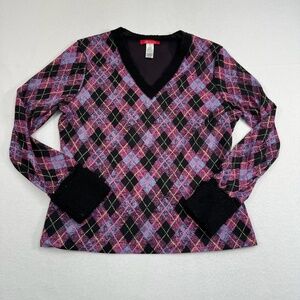 Anne Klein Argyle Long Sleeve Top Womens Size Medium Pink Purple V Neck